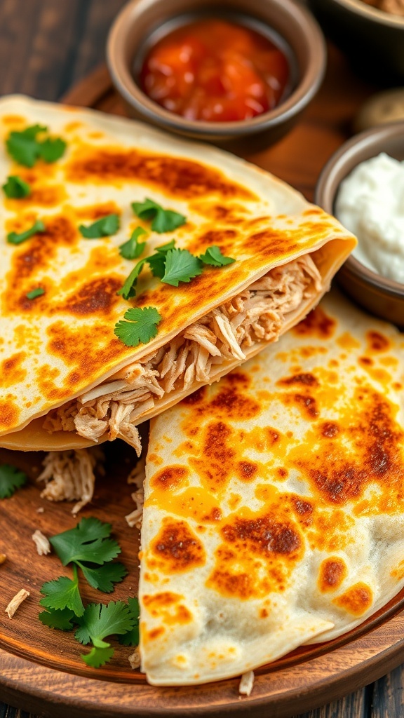 Golden-brown chicken quesadilla wedges on a wooden plate with salsa and sour cream.